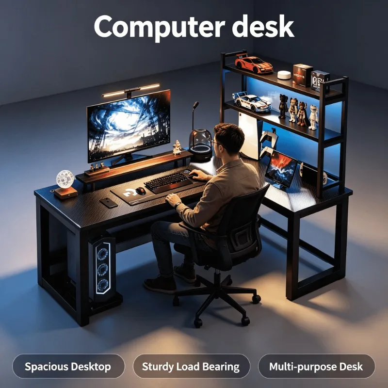 Esports Gaming School - โต๊ะเกมมิ่งคอมพิวเตอร์รูปตัว L ปรับระดับความสูงได้ สำหรับใช้ในบ้าน สำนักงาน ห้องอ่านหนังสือ