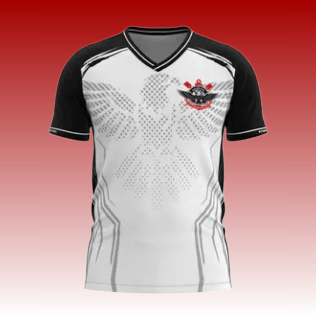 Esports Gaming Jersey - เสื้อเจอร์ซีย์อีสปอร์ตลายอีเกิลสำหรับผู้ชาย สีดำขาว คอวี แขนสั้น พิมพ์ลายตราสัญลักษณ์ แห้งเร็ว