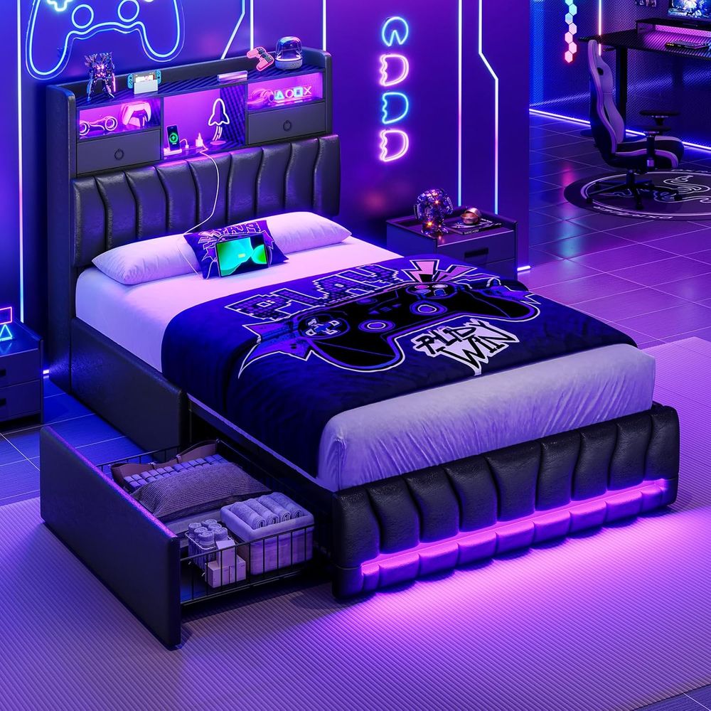 Esports Gaming Platform - เตียงคู่พร้อมที่เก็บของ, 2 ลิ้นชัก, เตียงเล่นเกมพร้อมไฟ RGB, แท่นชาร์จ,
